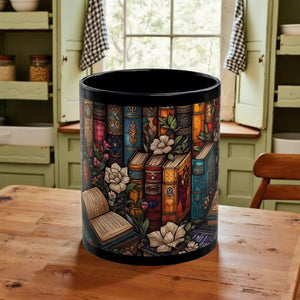 A black mug with a colorful, intricate design featuring various books, flowers, and other decorative elements.