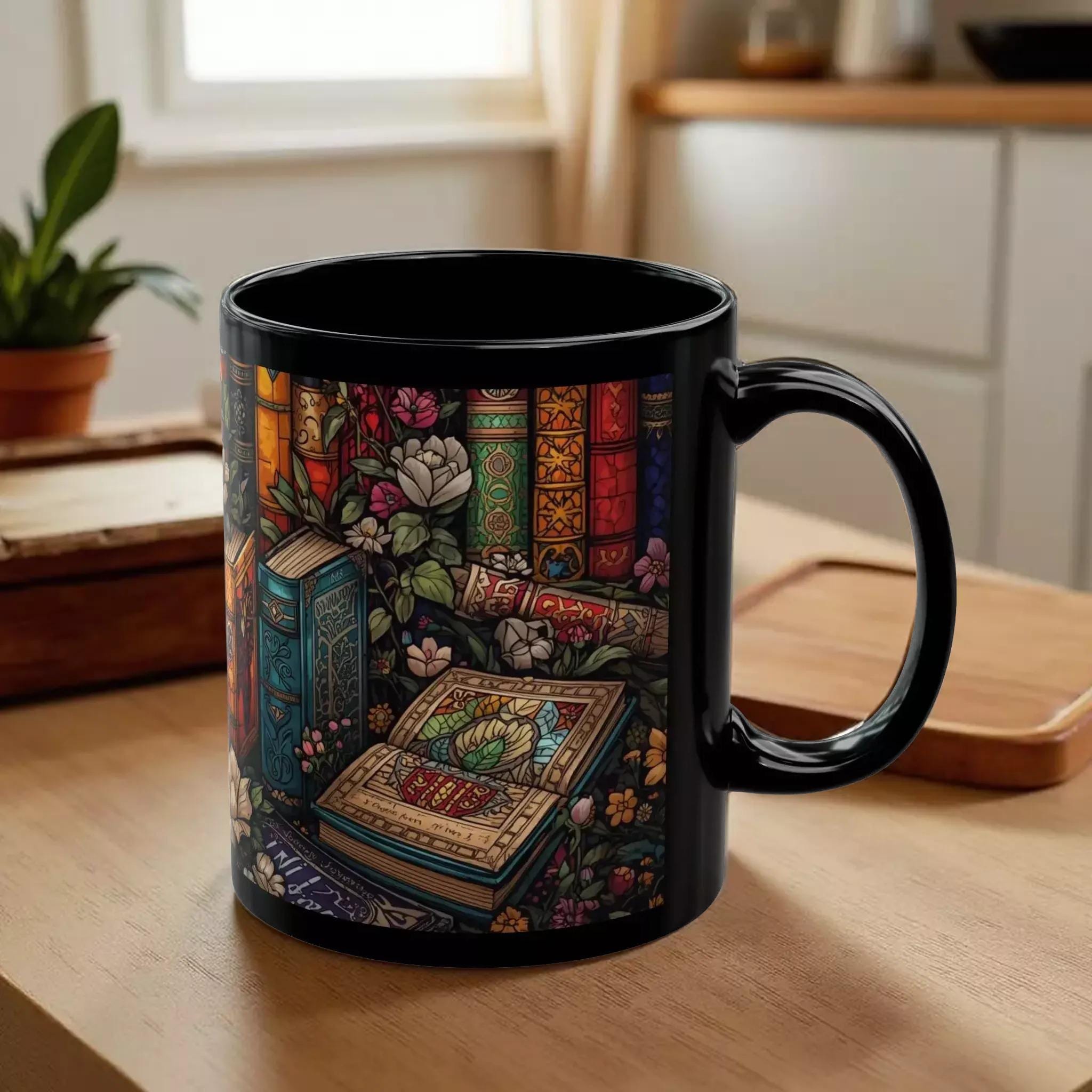A black mug with a colorful, illustrated design depicting a variety of books, flowers, and other objects.