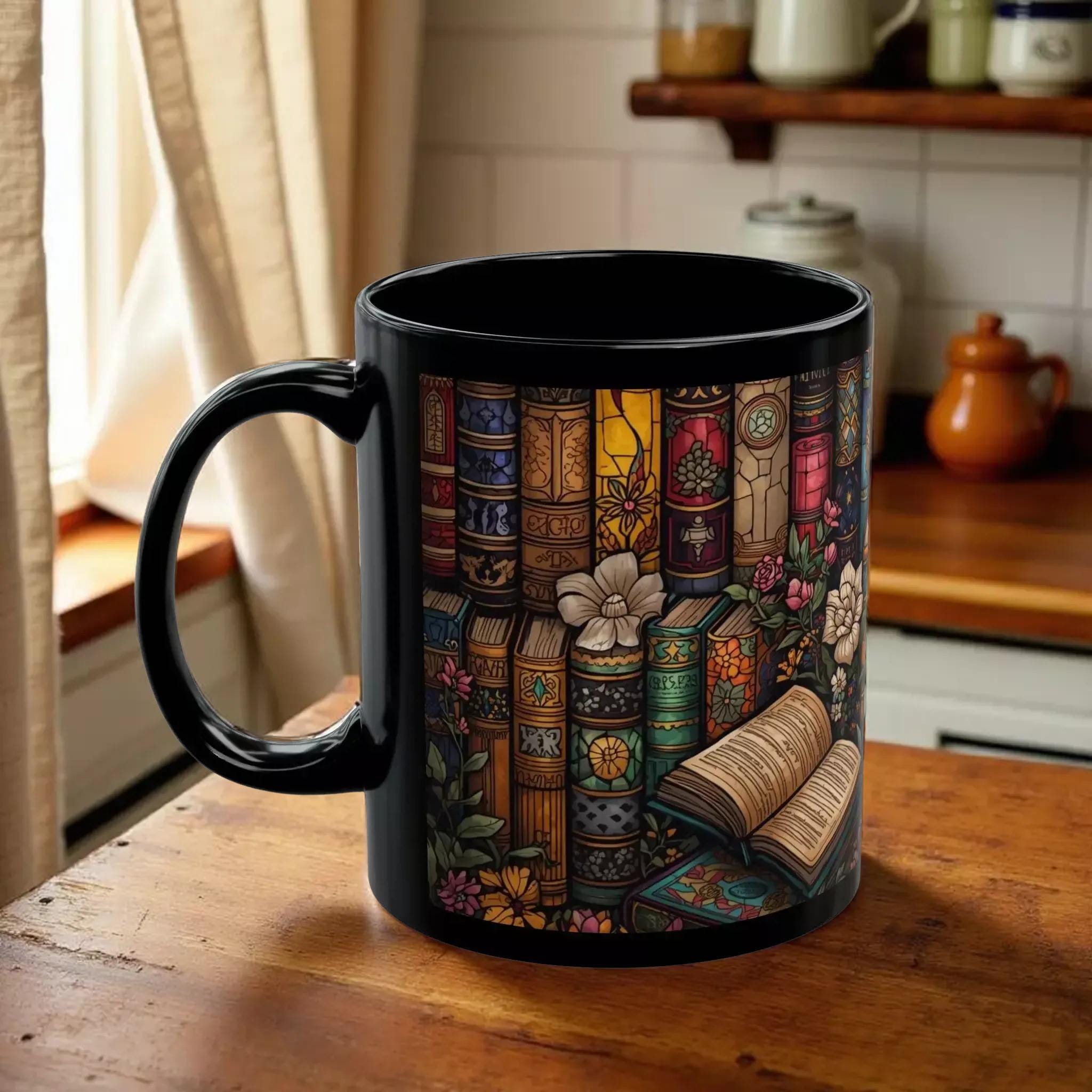 A black mug with a colorful illustration of a bookshelf filled with various books and flowers.