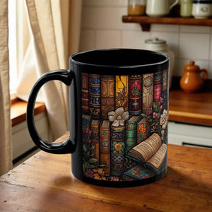 A black mug with a colorful illustration of a bookshelf filled with various books and flowers.