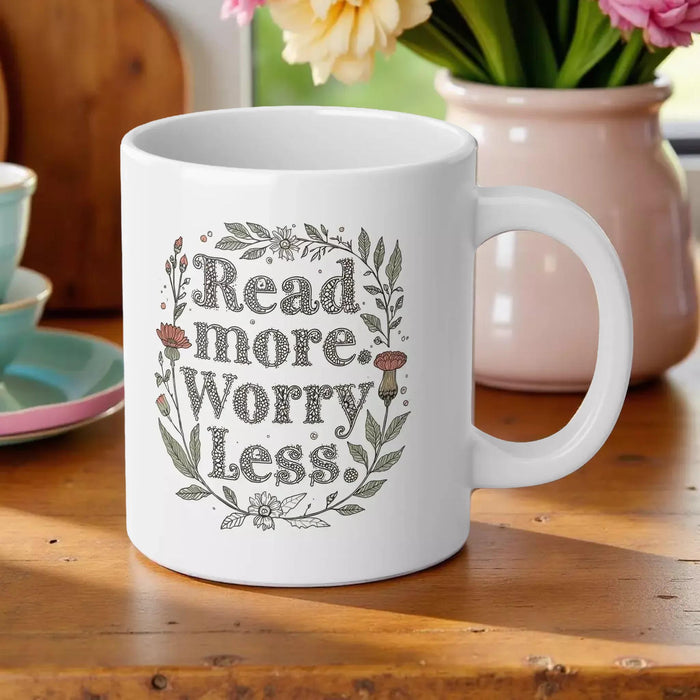 20oz Jumbo Mug - 'Read More. Worry Less.' Floral Ceramic Coffee Cup