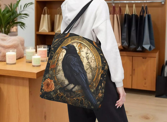 Gothic Raven Tote Bag • Victorian Crow Shopping Carryall Bag, Botanical Roses