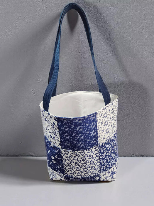 Handmade Patchwork Blue White Tote Bag • Cottagecore Cotton Purse (12