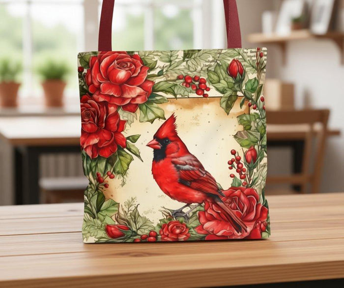 Cardinal Bird Floral Polyester Tote Bag, Holiday Book Bag