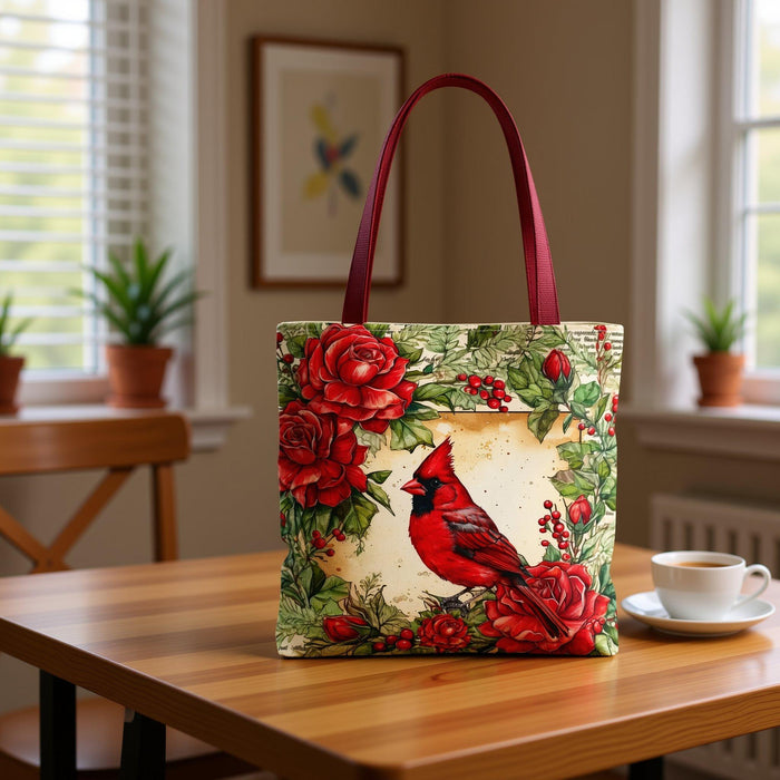 Cardinal Bird Floral Polyester Tote Bag, Holiday Book Bag