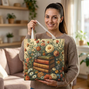 A woman is holding a tote bag with a floral design featuring books and flowers.