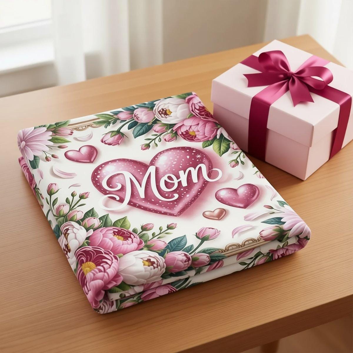 a heart surrounded by pink flowers and leaves, with the word "Mom" written in cursive script above it.