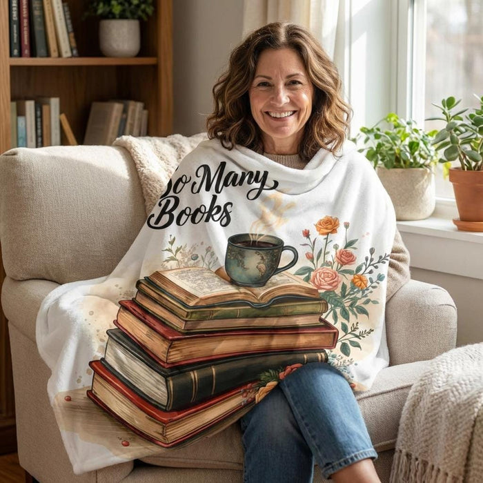 So Many Books Plush Throw Blanket • Cozy Reading Nook Decor, Literary Gift