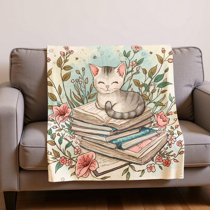Cat on Books Blanket • Cozy Reading Nook Throw • Book Lover Gift