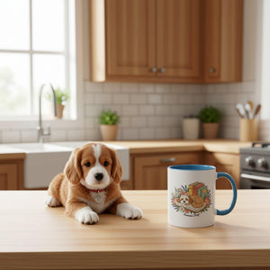A white mug with a blue handle, featuring an illustration of a dog curled up and sleeping on an open book surrounded by flowers and leaves.