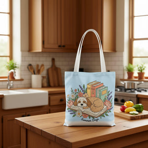 A tote bag with a printed design depicting a sleeping dog surrounded by flowers and books, with the text "Summer Days" below the image.