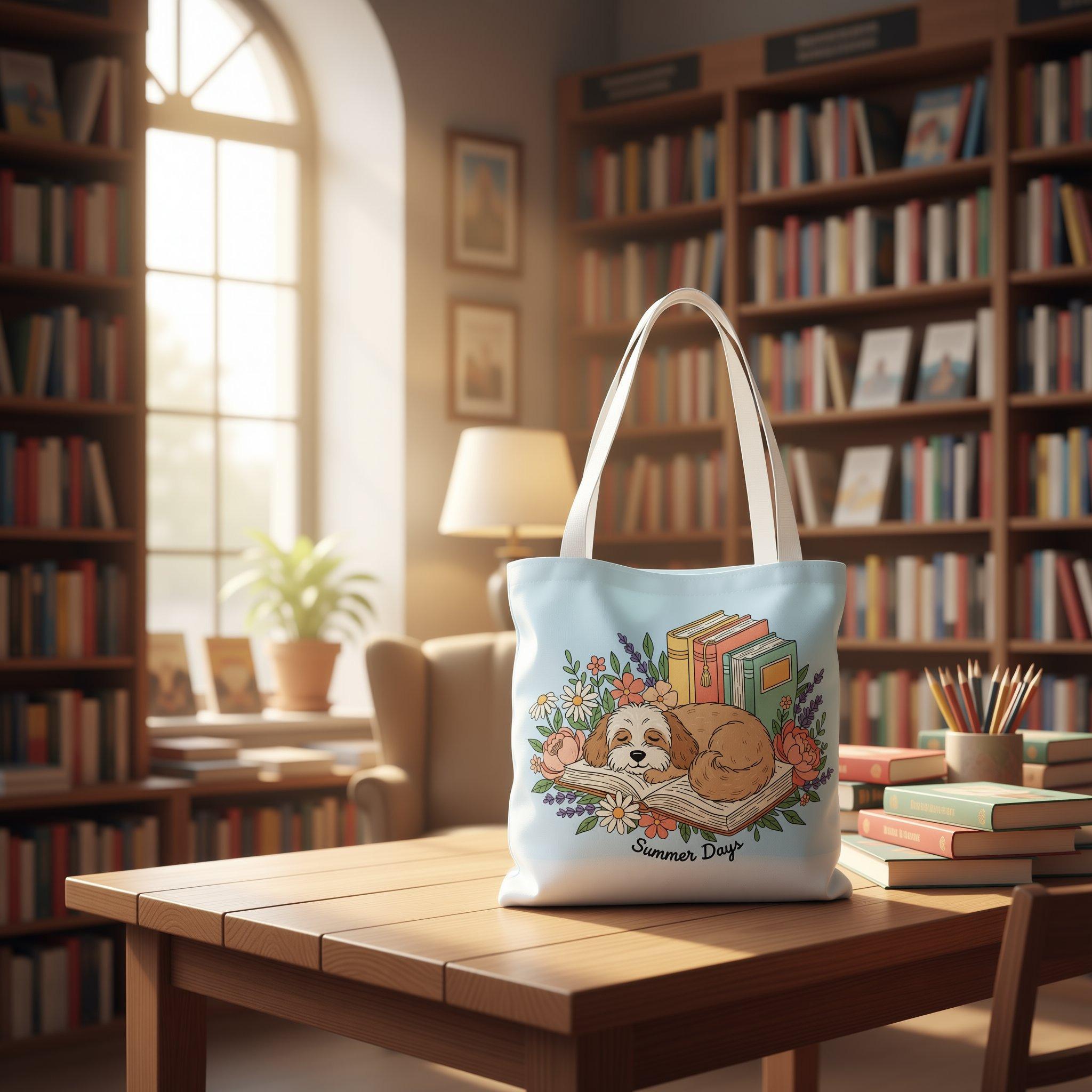 A tote bag with a printed design depicting a sleeping dog surrounded by flowers and books, with the text "Summer Days" below the image.