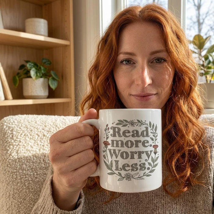 20oz Jumbo Mug - 'Read More. Worry Less.' Floral Ceramic Coffee Cup
