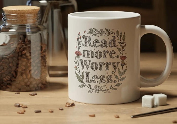 20oz Jumbo Mug - 'Read More. Worry Less.' Floral Ceramic Coffee Cup