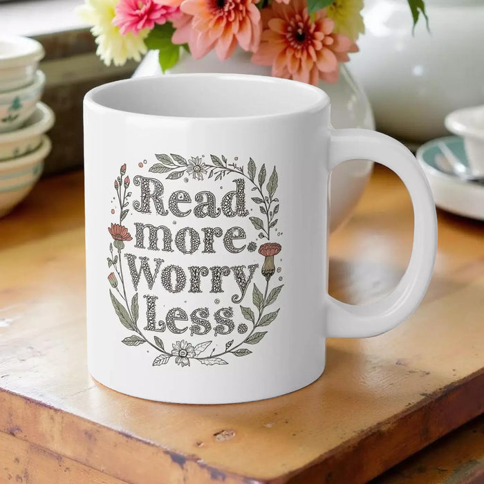 20oz Jumbo Mug - 'Read More. Worry Less.' Floral Ceramic Coffee Cup