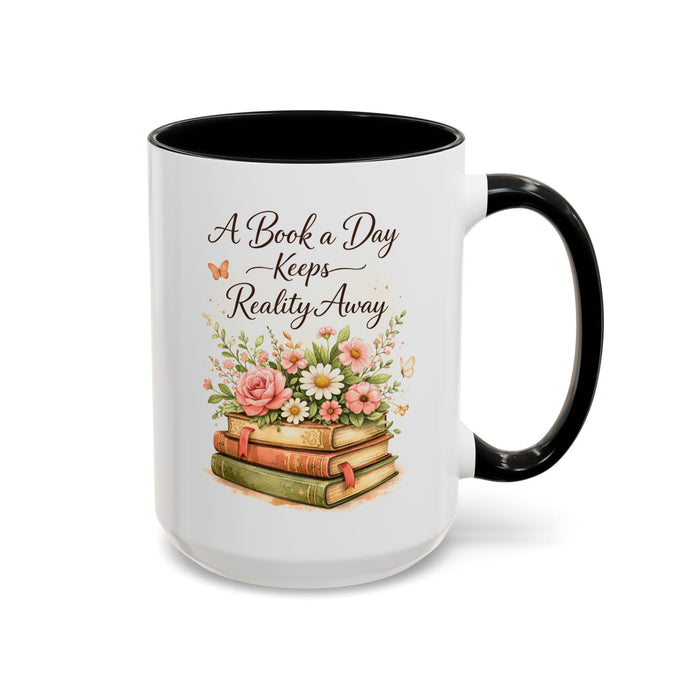A white mug with a black handle, featuring a design of a stack of books with flowers on top.