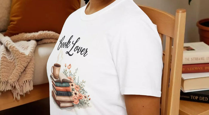 A beige t-shirt with a printed design that includes a cup of coffee, a stack of books, and flowers. The text on the t-shirt says "Book Lover".