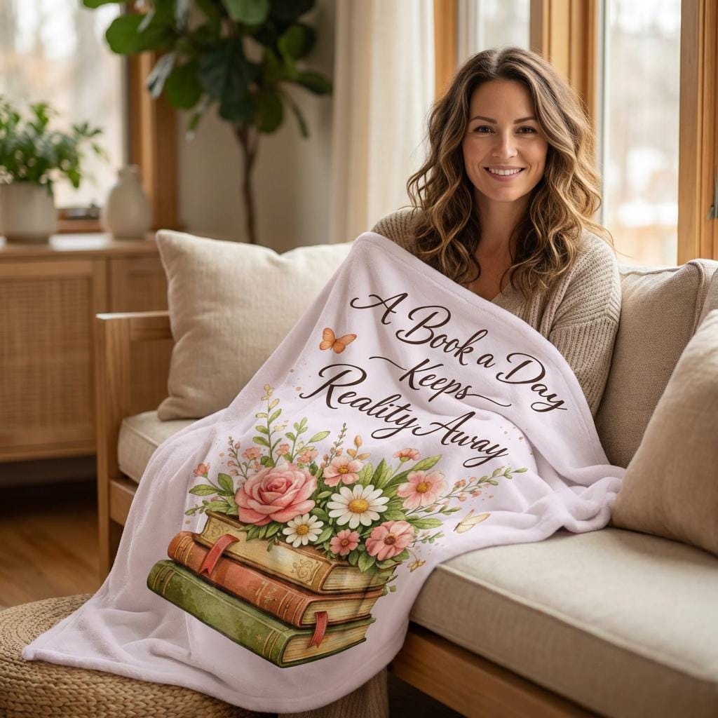 Velveteen Plush Blanket — "A Book a Day Keeps Reality Away" Floral Reading Throw With Optional Mug