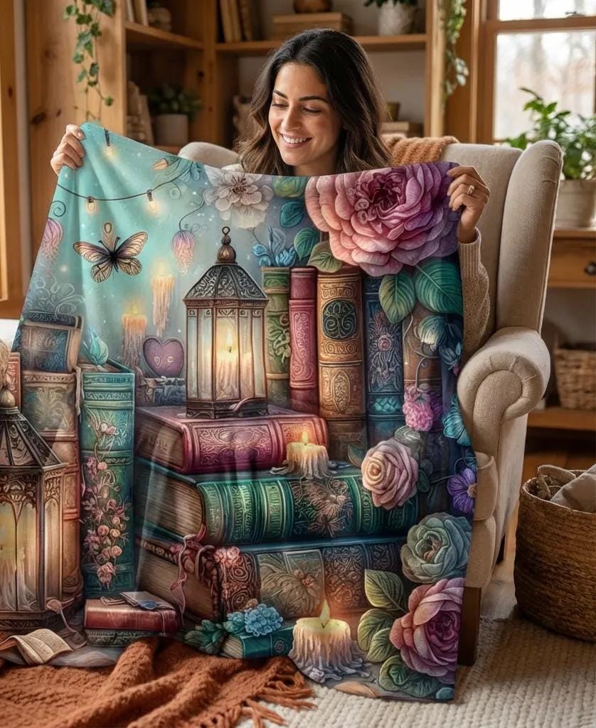Velveteen Plush Blanket — Cozy Bookish Lantern & Rose Print Throw