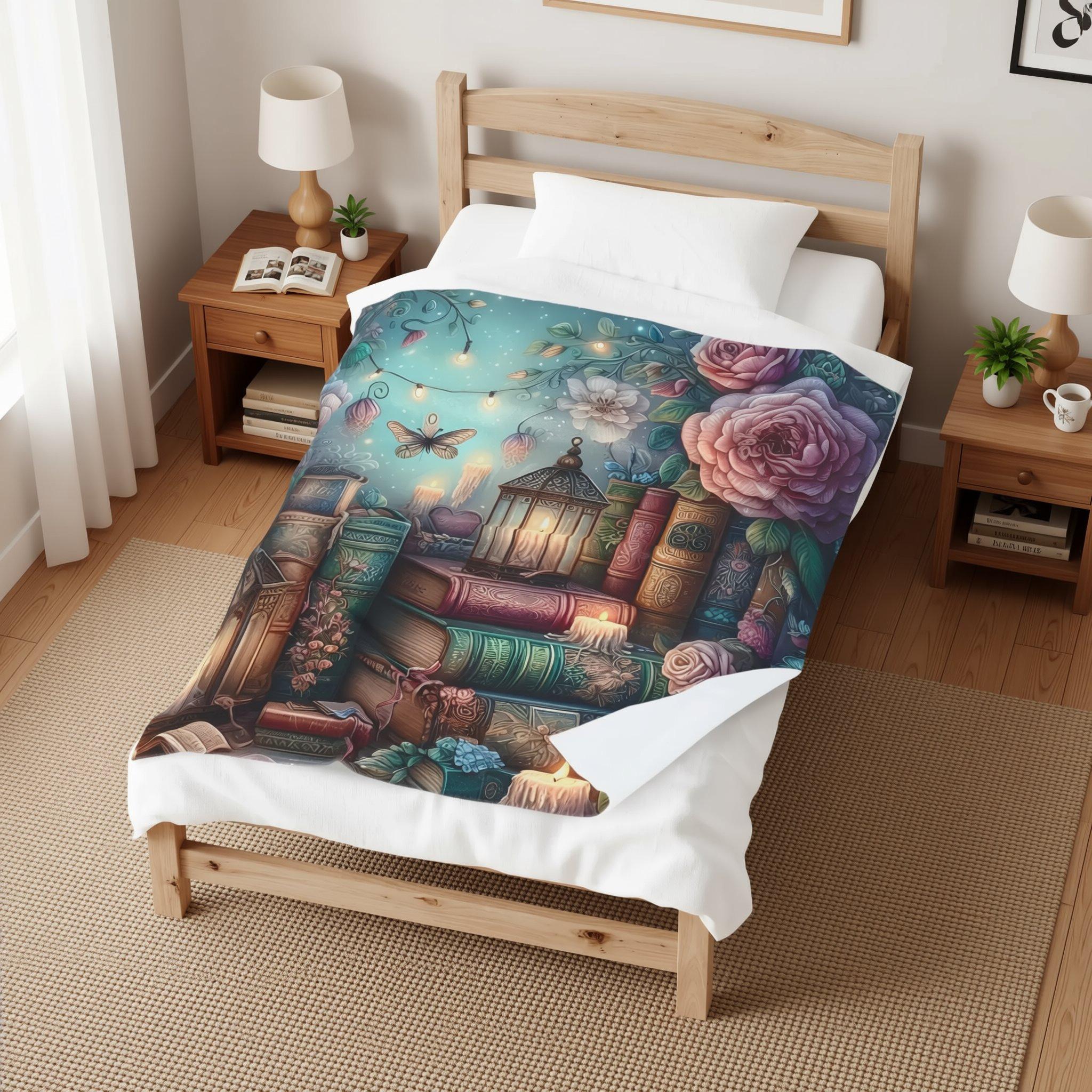Velveteen Plush Blanket — Cozy Bookish Lantern & Rose Print Throw