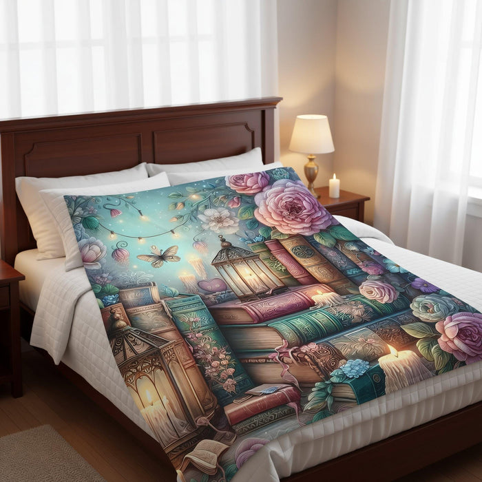Book Lover Plush Blanket • Cozy Reading Throw • Lantern & Roses Bookish Blanket • Literary Gift for Readers
