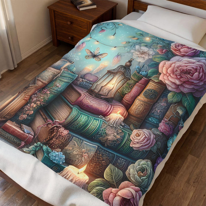 Book Lover Plush Blanket • Cozy Reading Throw • Lantern & Roses Bookish Blanket • Literary Gift for Readers