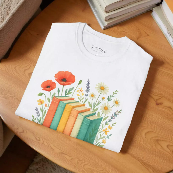 There's No Such Thing As Too Many Books Floral T-Shirt With Book Illustration