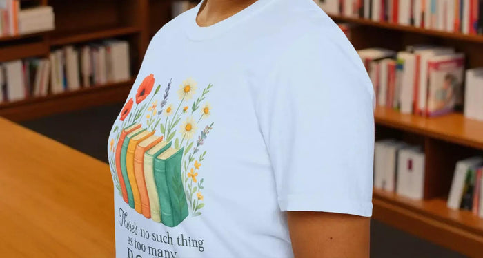 There's No Such Thing As Too Many Books Floral T-Shirt With Book Illustration