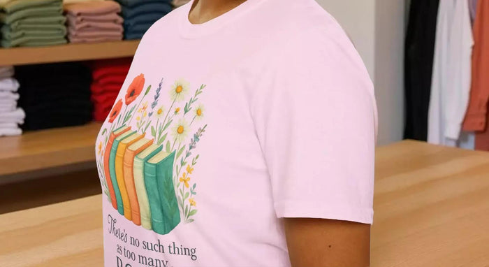 There's No Such Thing As Too Many Books Floral T-Shirt With Book Illustration