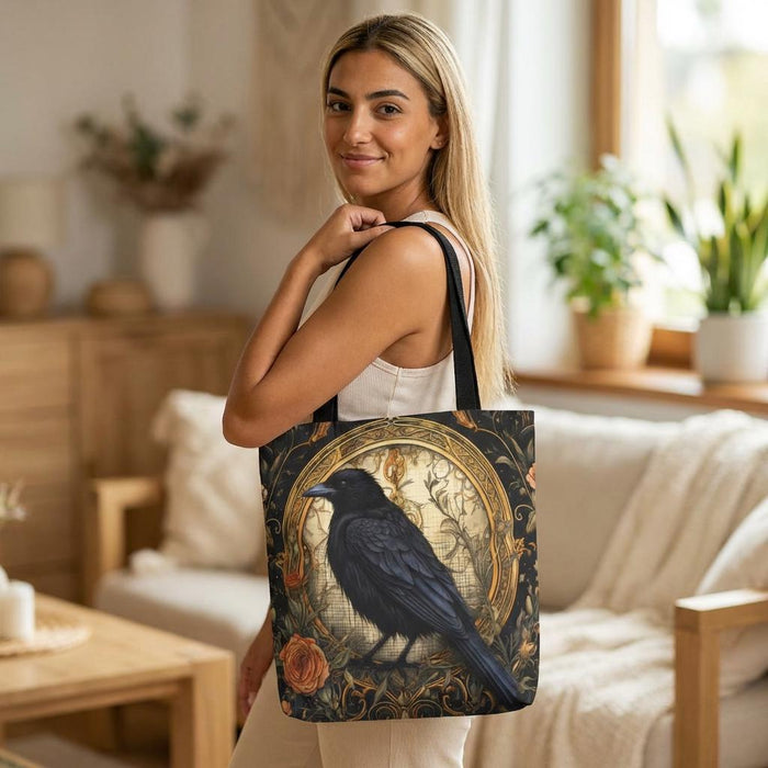 Gothic Raven Tote Bag • Victorian Crow Shopping Carryall Bag, Botanical Roses
