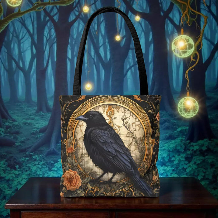 Gothic Raven Tote Bag • Victorian Crow Shopping Carryall Bag, Botanical Roses