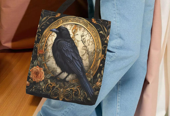 Gothic Raven Tote Bag • Victorian Crow Shopping Carryall Bag, Botanical Roses