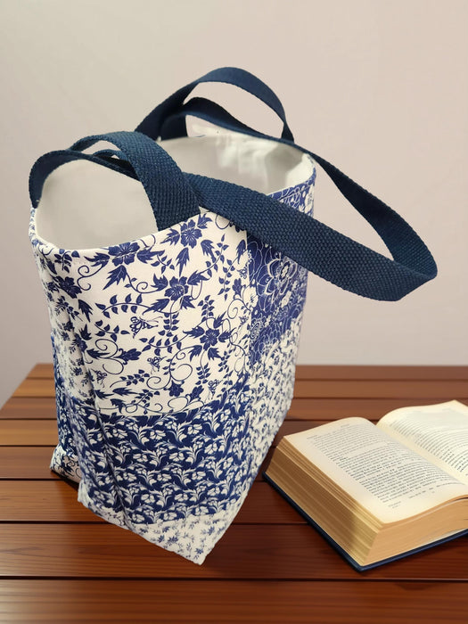 Handmade Patchwork Blue White Tote Bag • Cottagecore Cotton Purse (12