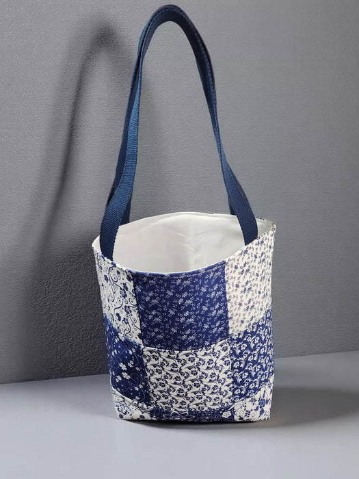 Handmade Patchwork Blue White Tote Bag • Cottagecore Cotton Purse (12