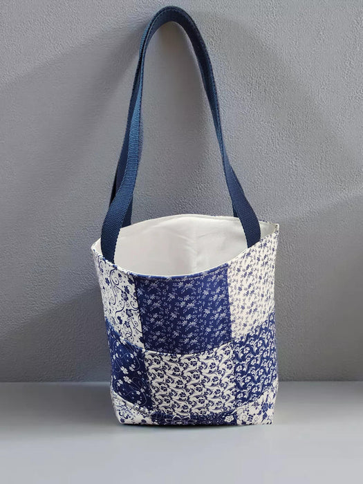Handmade Patchwork Blue White Tote Bag • Cottagecore Cotton Purse (12