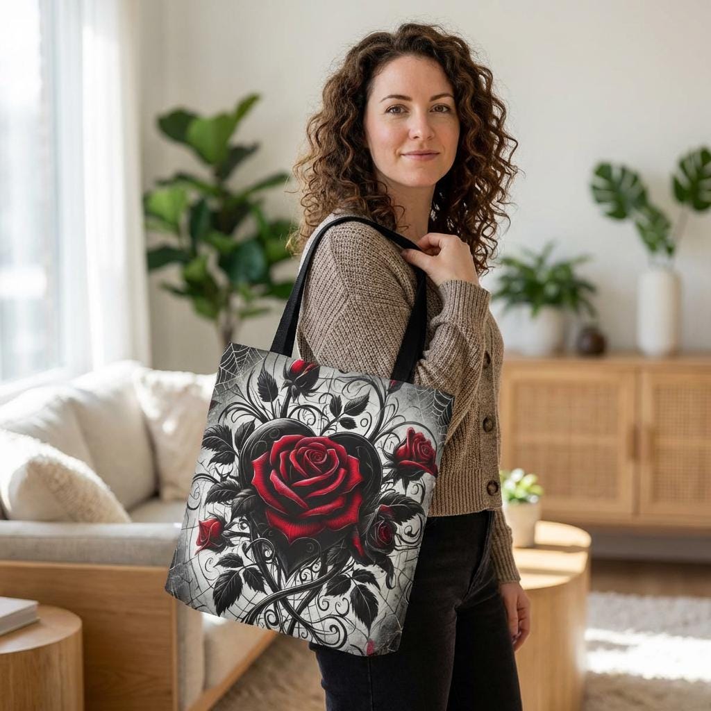 A woman with curly hair stands in a living room, holding a large tote bag with a black and white floral design featuring a red rose.