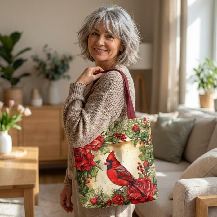 Cardinal Bird Floral Polyester Tote Bag, Holiday Book Bag