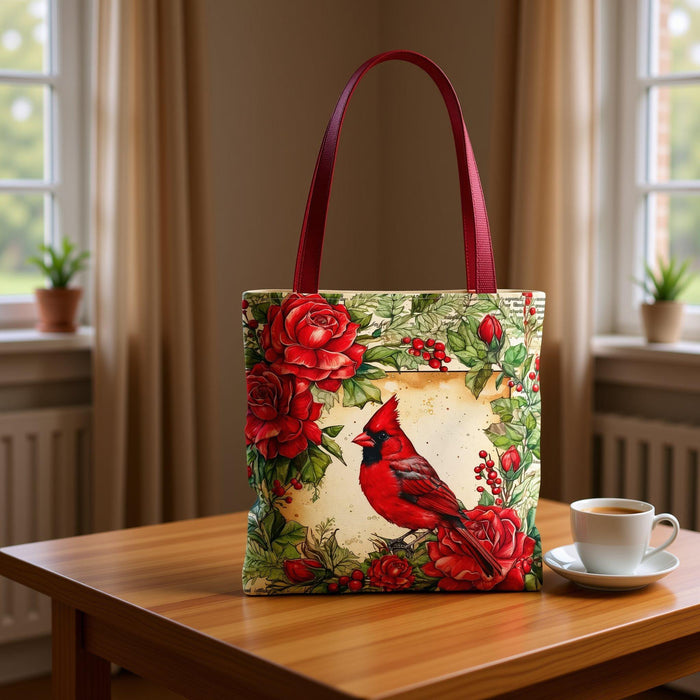 Cardinal Bird Floral Polyester Tote Bag, Holiday Book Bag