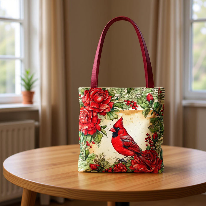 Cardinal Bird Floral Polyester Tote Bag, Holiday Book Bag