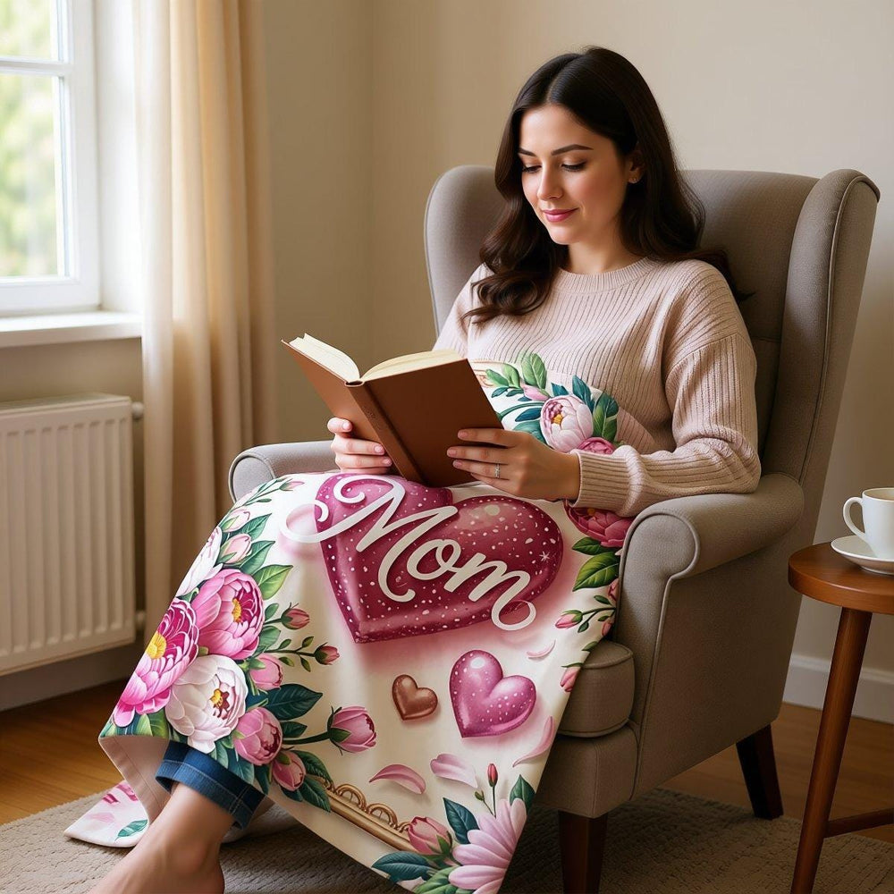 a heart surrounded by pink flowers and leaves, with the word "Mom" written in cursive script above it.