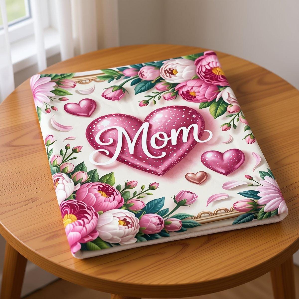 a heart surrounded by pink flowers and leaves, with the word "Mom" written in cursive script above it.