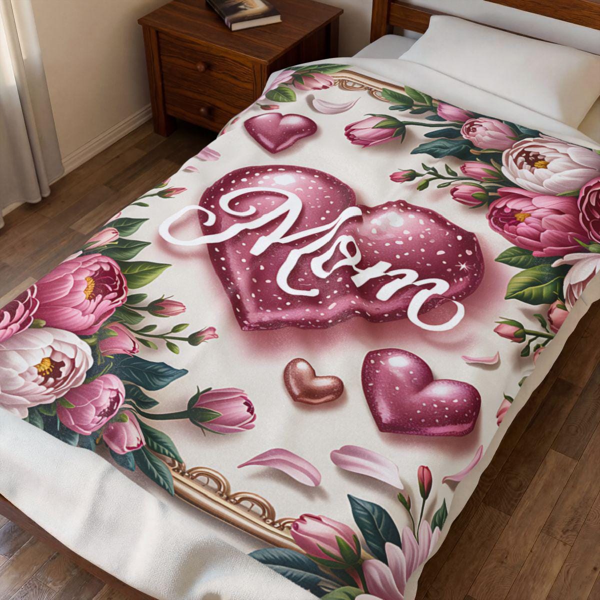 a bed with a floral-themed blanket that has a heart design and pink flowers.