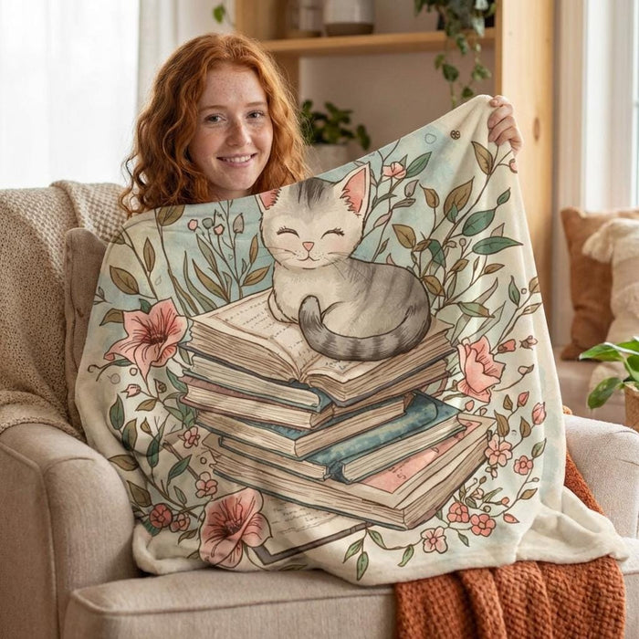 Cat on Books Blanket • Cozy Reading Nook Throw • Book Lover Gift