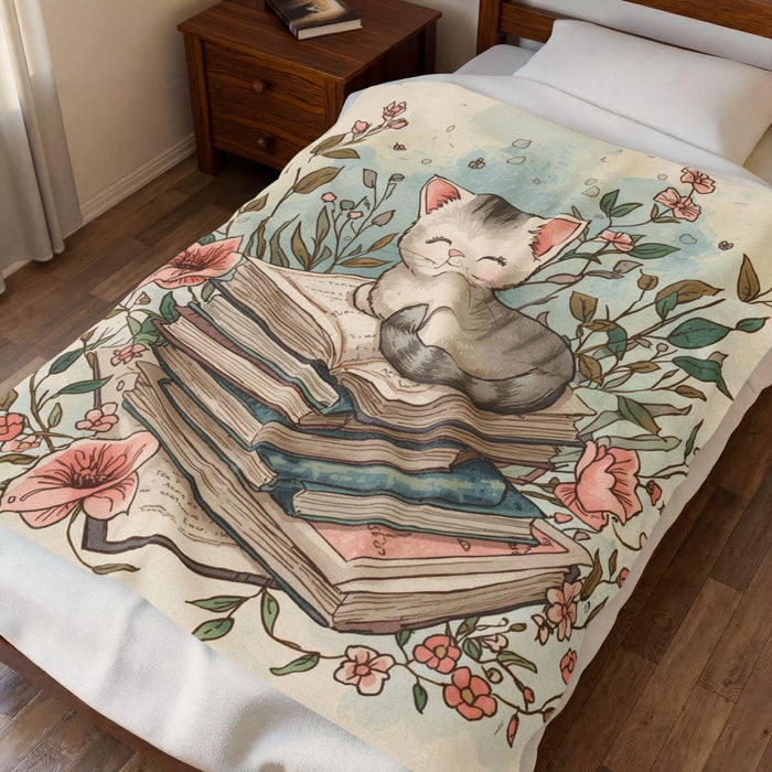 Cat on Books Blanket • Cozy Reading Nook Throw • Book Lover Gift