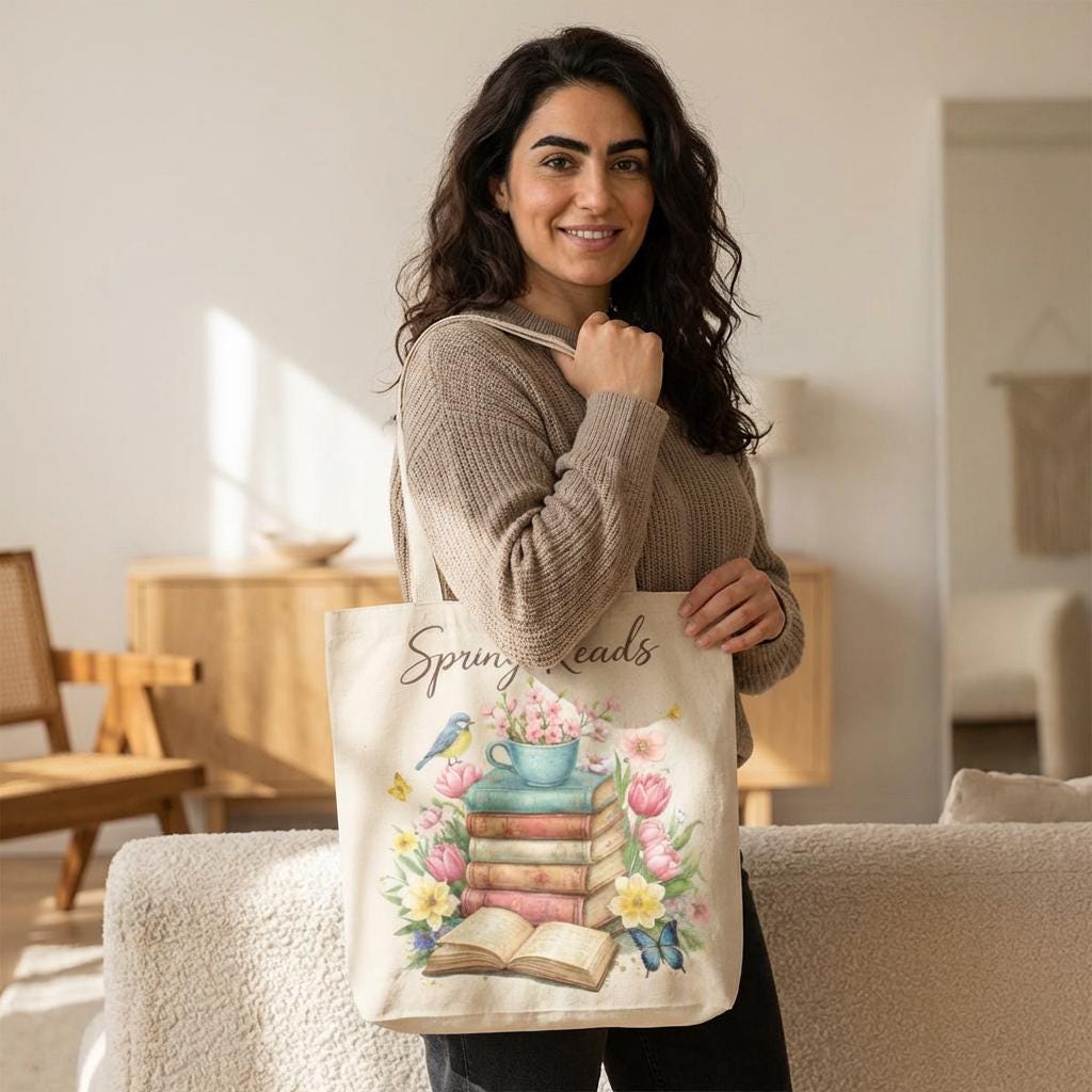 A woman with long dark hair is smiling and holding a tote bag with a floral design and the text "Spring Reads" printed on it.