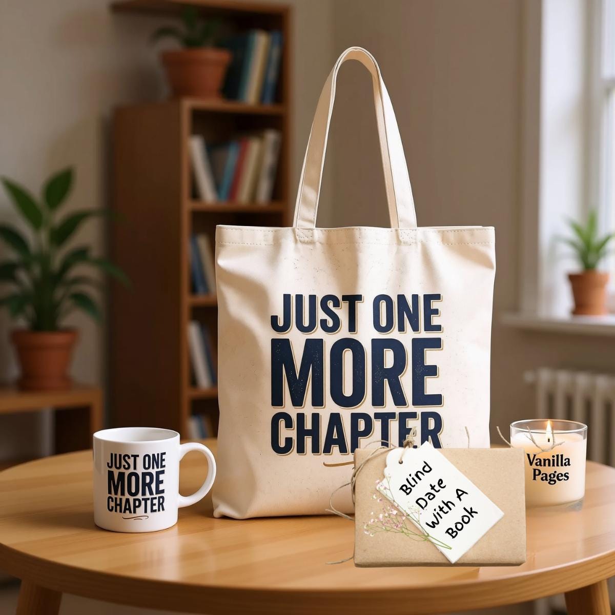 a white tote bag with the text "JUST ONE MORE CHAPTER" printed on it, along with a mug and a candle on a wooden table.