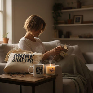 A woman is sitting on a couch, reading a book, with a mug and a candle on a small table in front of her.