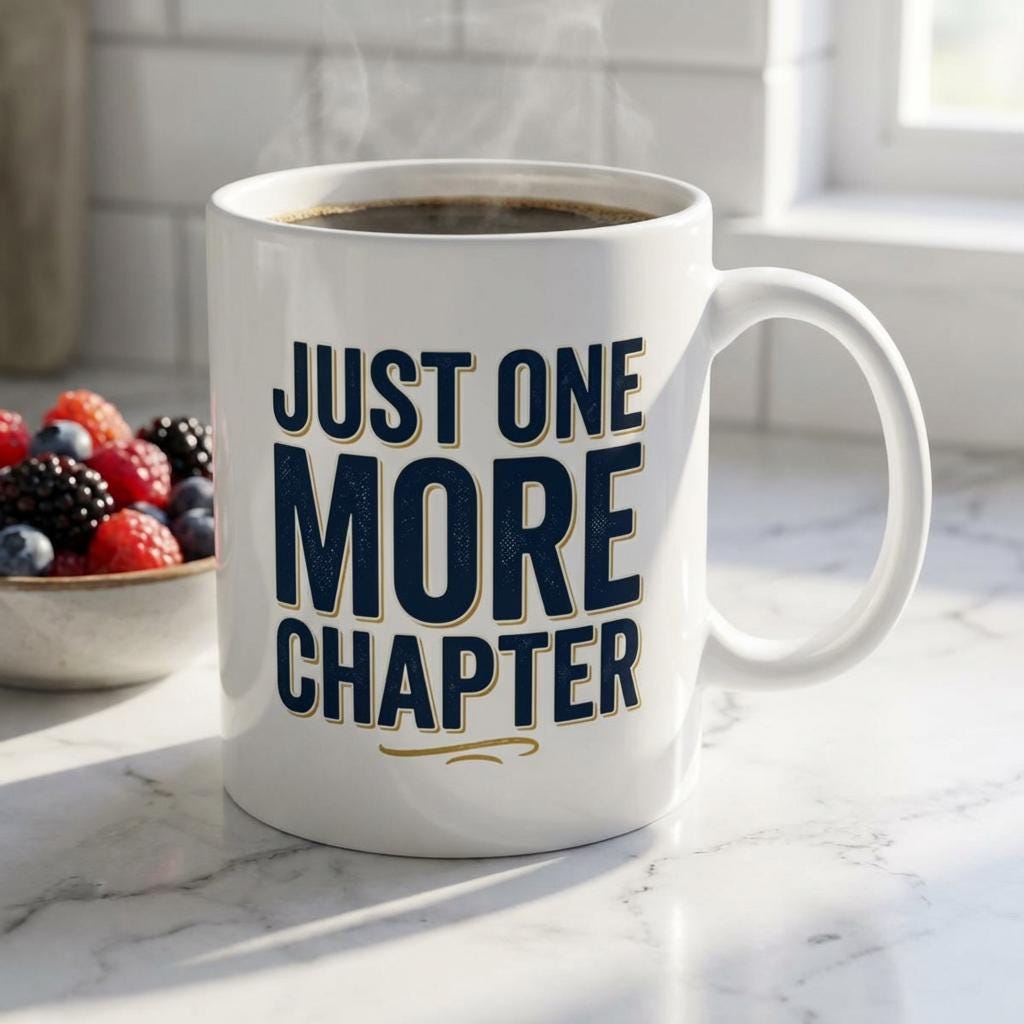 A white mug with the text "JUST ONE MORE CHAPTER" printed on it, placed on a marble countertop next to a bowl of mixed berries.