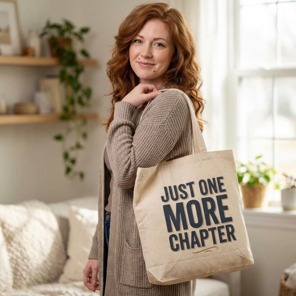 A woman with red hair is standing in a room, holding a bag with the text "JUST ONE MORE CHAPTER" printed on it.