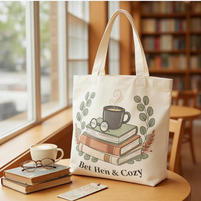 Bookish & Cozy Tote Bag – Literary Reader Coffee and Books Shopping Carryall